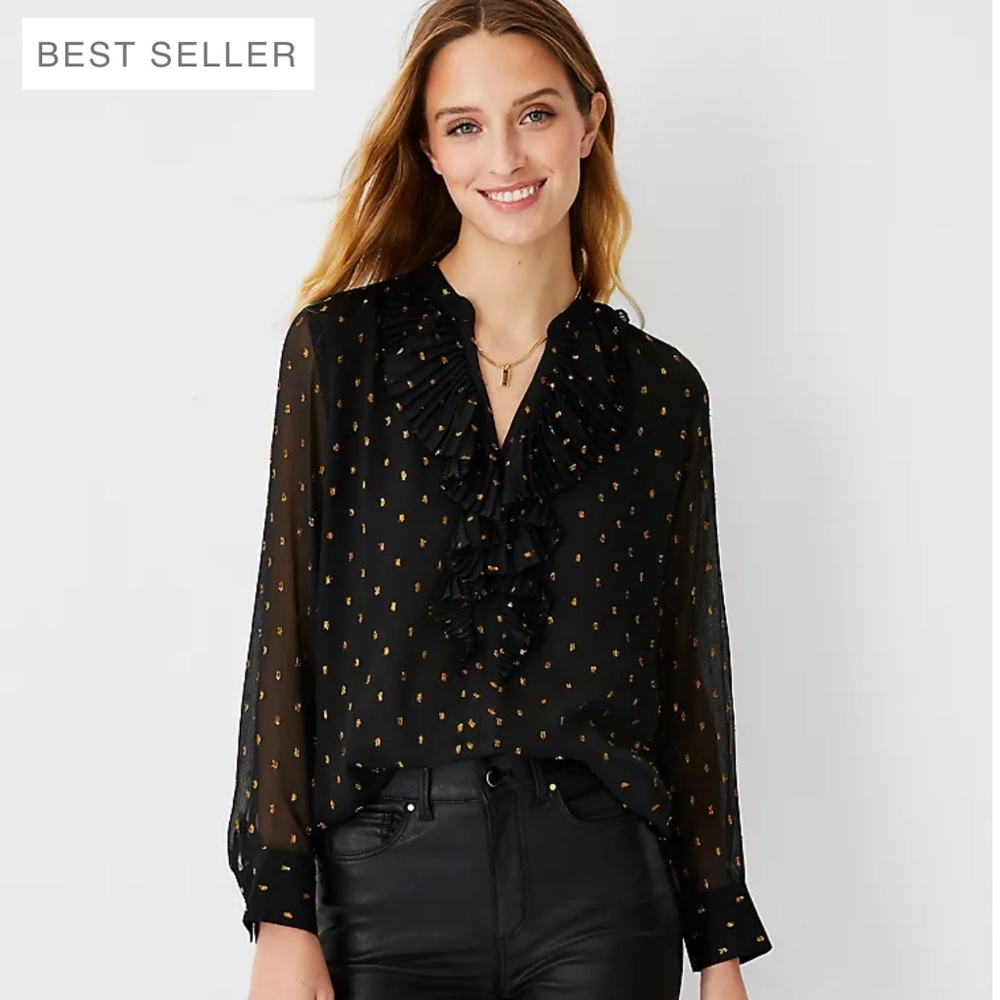 NWOT Ann Taylor Shimmer Clip Dot Pleated Ruffle Blouse - Size XS